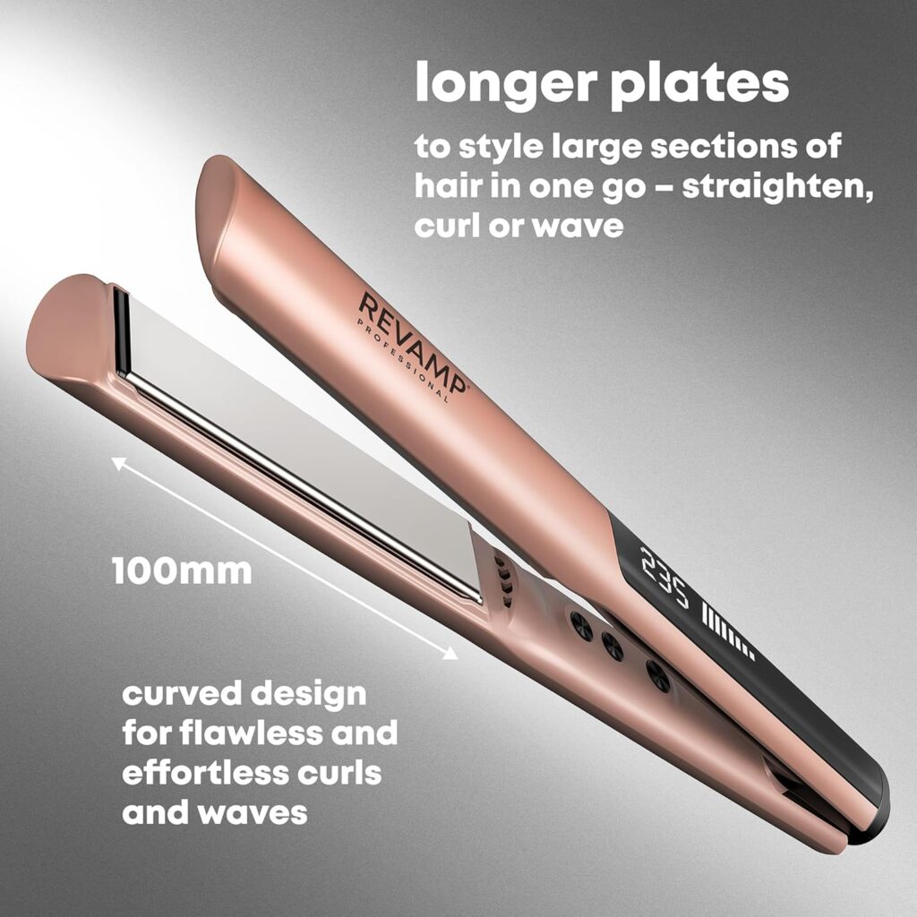 REVAMP Dynamic Radiance Straight Style Ionic Ceramic Hair Straighteners - Extra-Long Plates for One Stroke Styling, Curved Design for Lasting Waves, Curls - Salon Professional Hair Straightener REVAMP Dynamic Radiance Straight Style Ionic Ceramic Hair Straighteners - Extra-Long Plates for One Stroke Styling, Curved Design for Lasting Waves, Curls - Salon Professional Hair Straightener