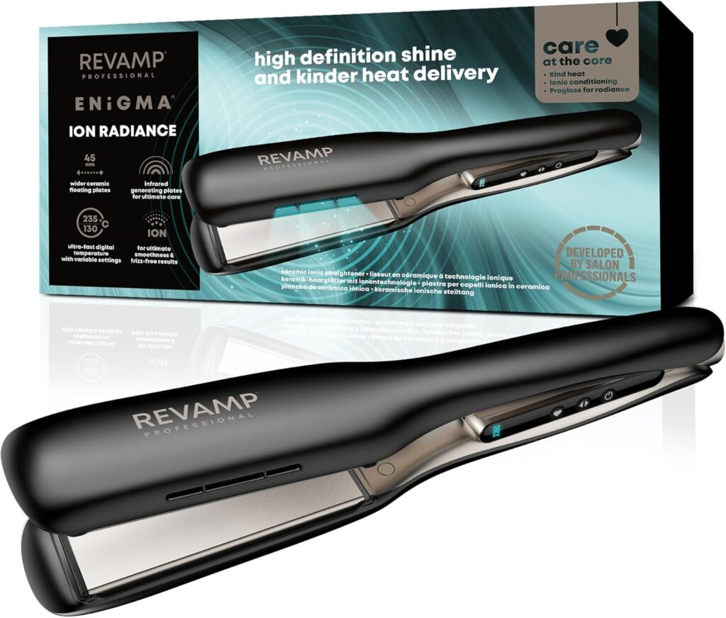 REVAMP Enigma Tri-Care Infrared Ionic Wide Hair Straightener - Extra-Wide Plate Straighteners for Kind, One Stroke Styling, Curved Design for Waves, Curls - Professional Ceramic Hair Straightener