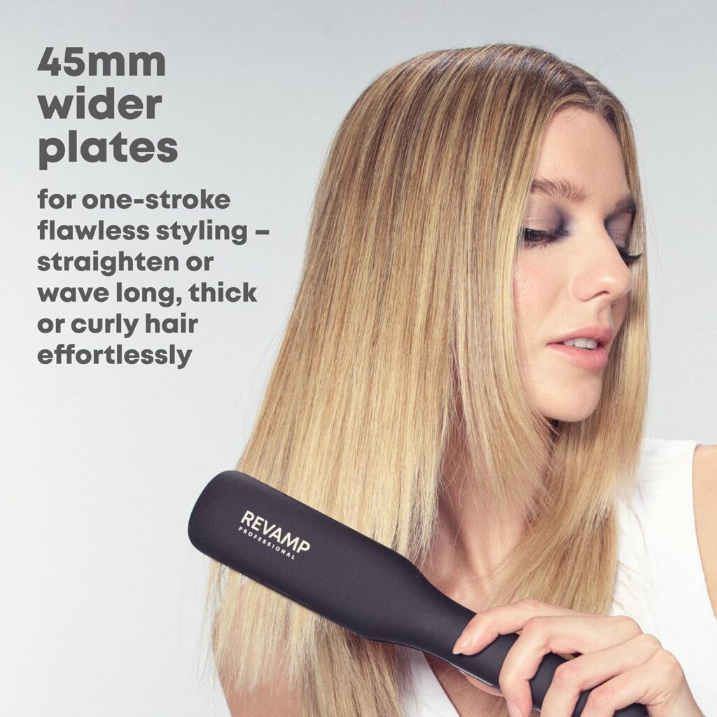 REVAMP Enigma Tri-Care Infrared Ionic Wide Hair Straightener - Extra-Wide Plate Straighteners for Kind, One Stroke Styling, Curved Design for Waves, Curls - Professional Ceramic Hair Straightener
