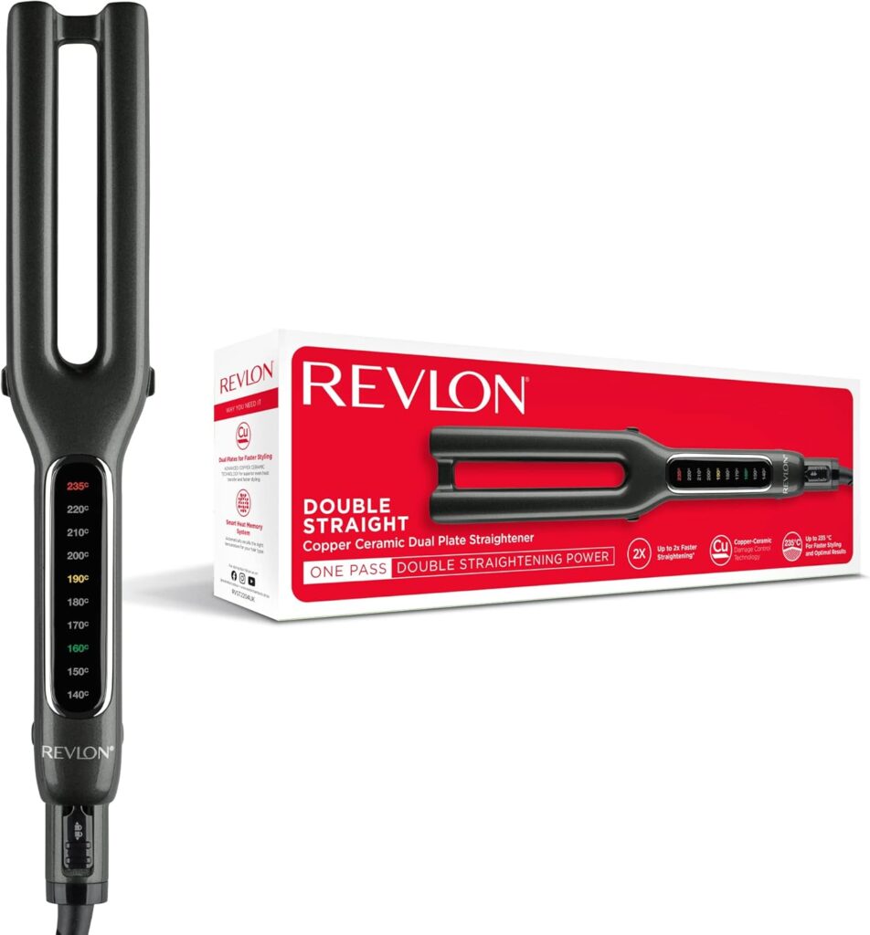 Revlon Double Straight Straightener (Dual Plate Design, Advanced Copper Ceramic Technology, LED Display, Smart Heat Memory System, 10 Heat Settings up to 235°C) RVST2204UK, Black