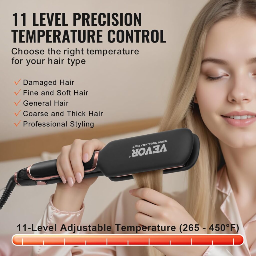 VEVOR Hair Straightener, Titanium Flat Iron 2 Inch, Fast Heating Hair Straightener with Infrared and Negative Ion Technology, LCD Display and 11 Temperature Levels for Living Room, Home, Travel