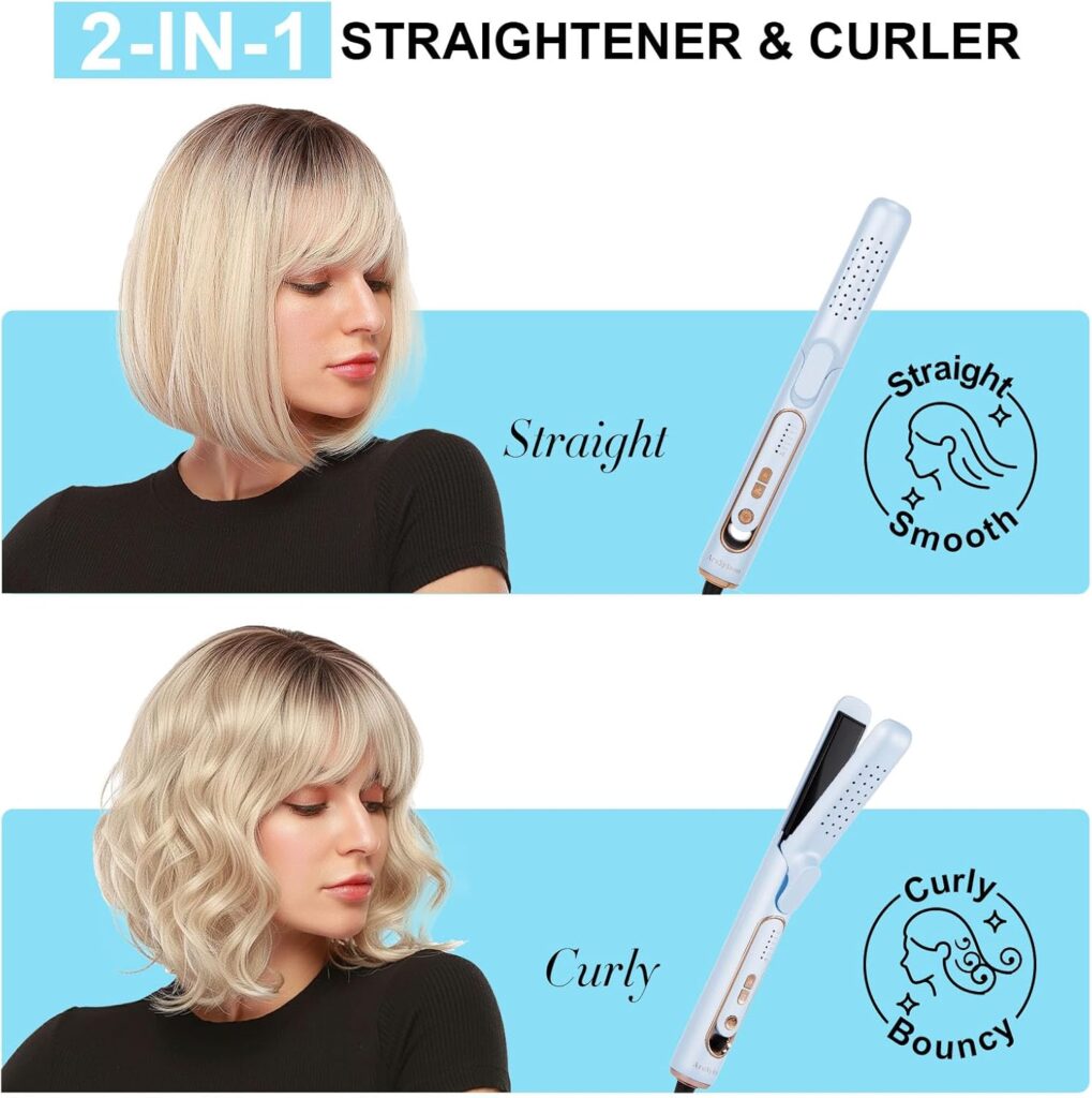 2 in 1 Hair Straightener and Curler, Airflow Flat Iron Curling Iron for Short to Long Hair and Wigs, Fast Heating, 5 Temperature Settings, Dual Voltage
