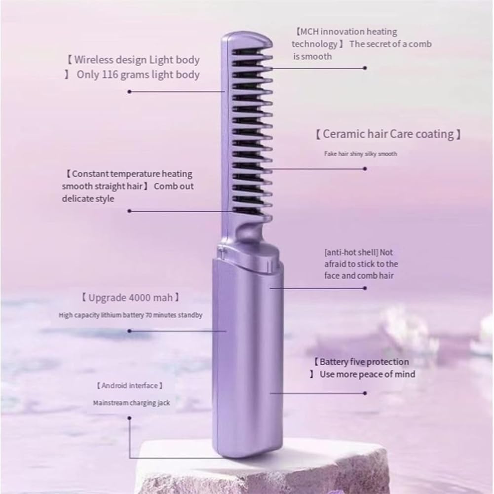 2024 NewRechargeable Mini Hair Straightener,Proximityk Hairdressing Comb, Portable Cordless Hair Straightener, Mini Rechargeable, 3 Temperature Adjustments Travel Flat Iron, Styling Comb (Purple)