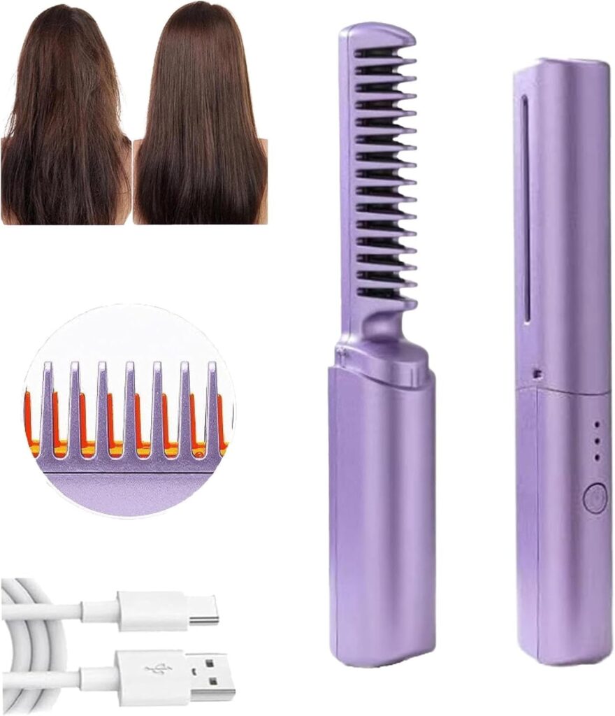 2024 NewRechargeable Mini Hair Straightener,Proximityk Hairdressing Comb, Portable Cordless Hair Straightener, Mini Rechargeable, 3 Temperature Adjustments Travel Flat Iron, Styling Comb (Purple)