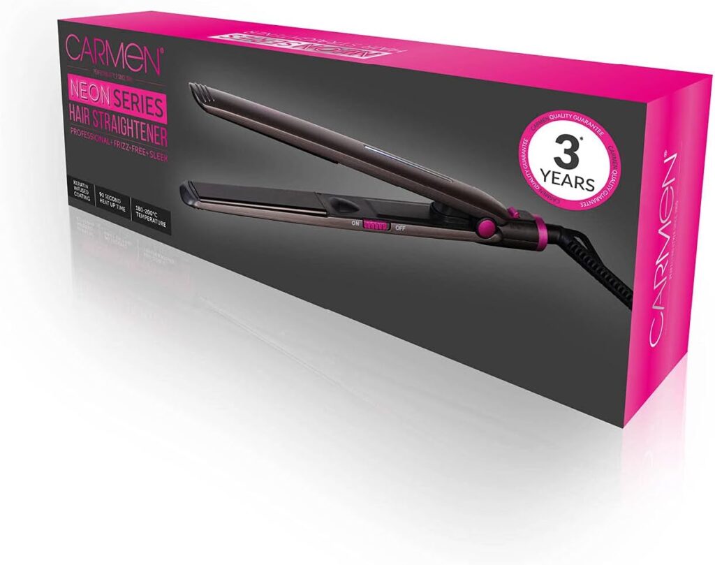 Carmen C81073 Neon Hair Straightener with Keratin-Infused Coating and Rapid 90-Second Heat-Up Time, Graphite/Pink