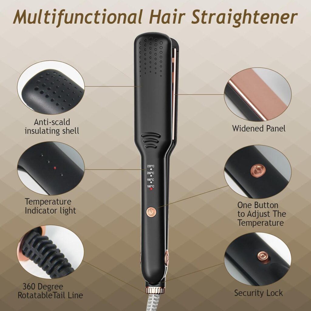 Ceramic Straight Hair Straightener, Wide, 2-in-1 Straightener, Curls and Straightening, Mini Travel Straightener with 4 Adjustable Temperatures, 160-220°C, Professional Hair Straightener