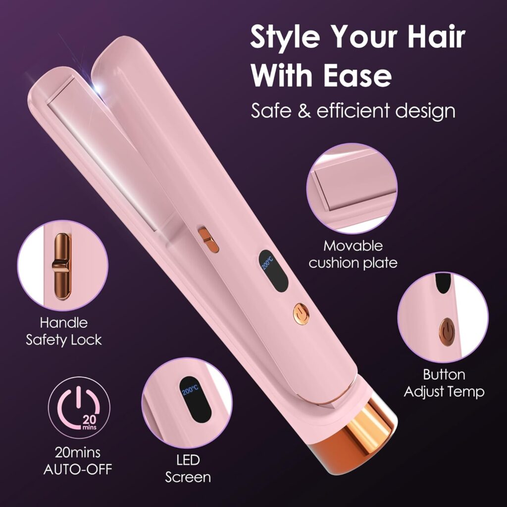 Cordless Hair Straightener Portable Travel Rechargeable Flat Iron, Fast Heating, Adjustable Temperature for Professional Straightening  Curling – Portable and Travel-Friendly (Light Pink)