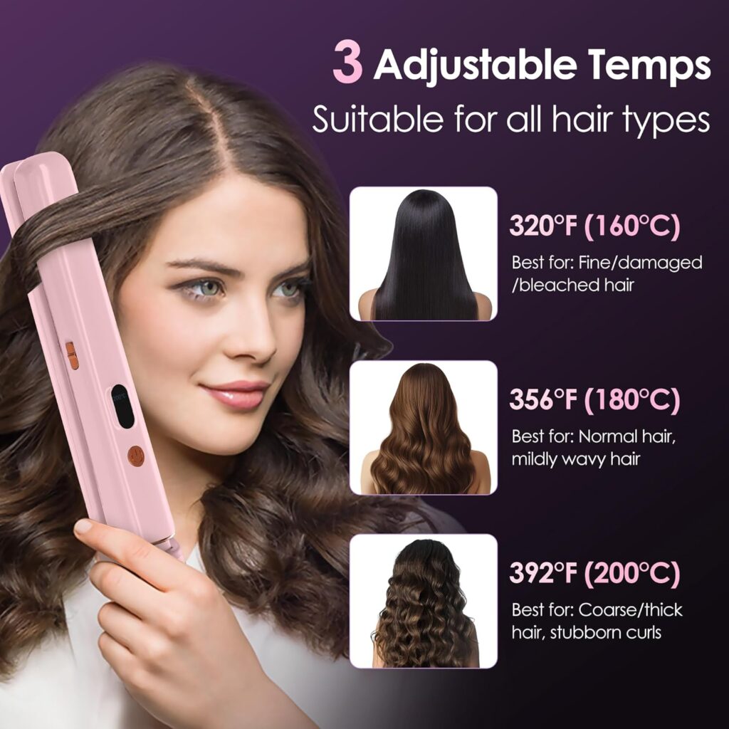 Cordless Hair Straightener Portable Travel Rechargeable Flat Iron, Fast Heating, Adjustable Temperature for Professional Straightening  Curling – Portable and Travel-Friendly (Light Pink)