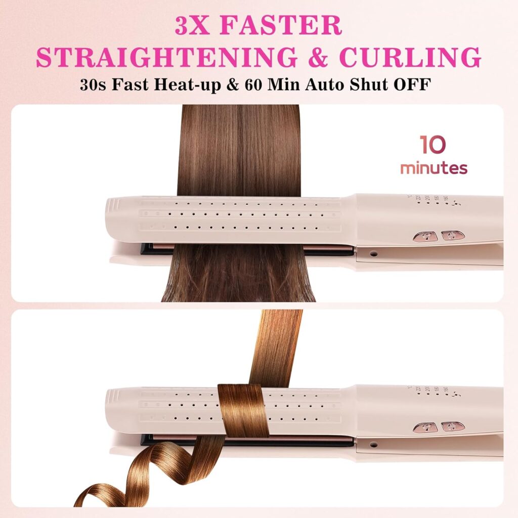 Hair Straightener and Curler in One, Airflow Styler Curling Iron, Negative Ion Reduce Frizz, for Short to Long Hair, 4 Temperature Settings Rapid Heating, Dual Voltage