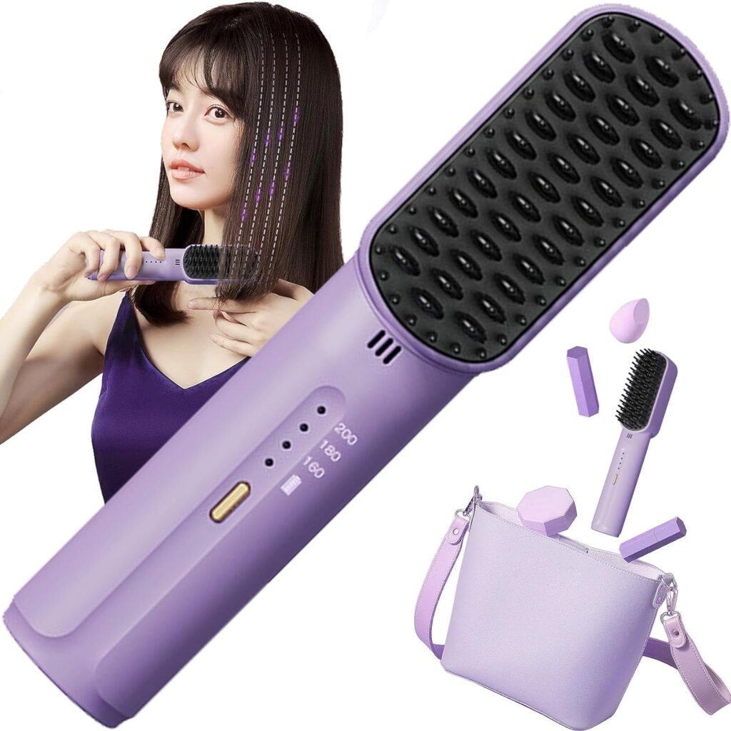 Portable Cordless Mini Hair Straightening Comb 2024 Best,Negative Ions Do Not Hurt Hair,Cordless Hair Straightener Brush,Lightweight  Mini to Carry Out (Purple)