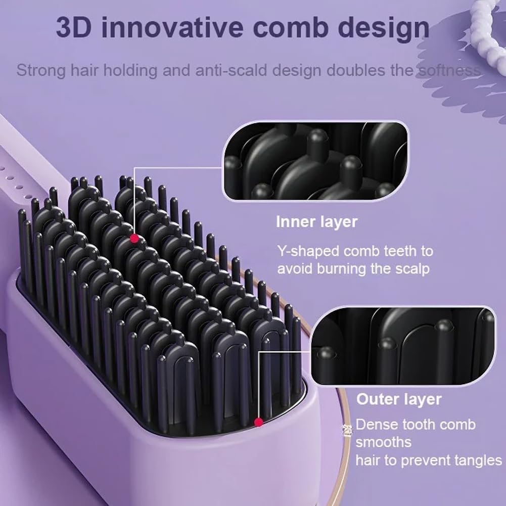 Portable Cordless Mini Hair Straightening Comb 2024 Best,Negative Ions Do Not Hurt Hair,Cordless Hair Straightener Brush,Lightweight  Mini to Carry Out (Purple)