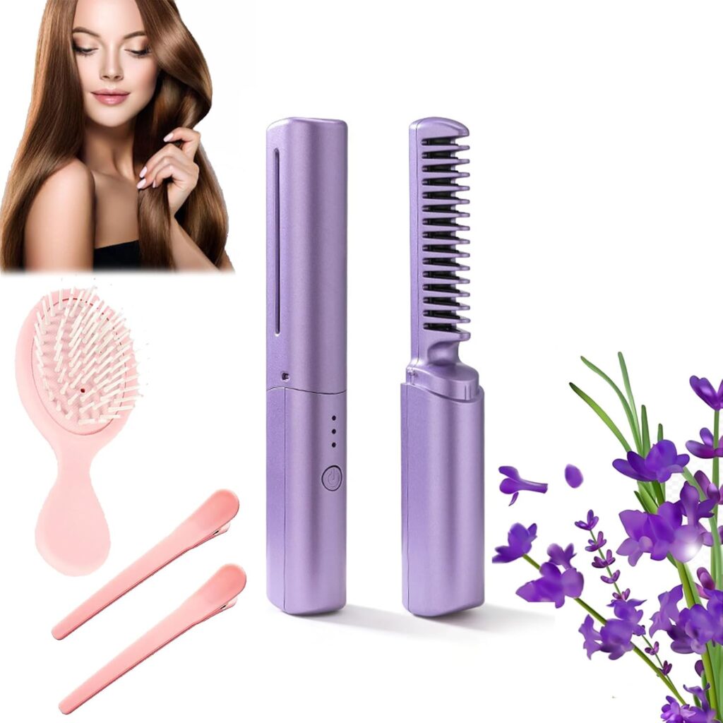 Rechargeable Mini Hair Straightener, Rechargeable Lazy Portable USB Wireless Hair Straightener Comb, Portable Cordless Hair Straightener Brush for Short and Long Hair (Pink)