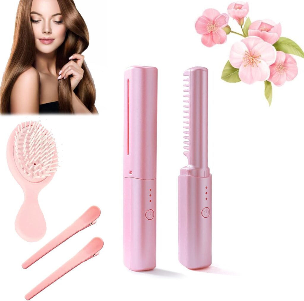 Rechargeable Mini Hair Straightener, Rechargeable Lazy Portable USB Wireless Hair Straightener Comb, Portable Cordless Hair Straightener Brush for Short and Long Hair (Pink)