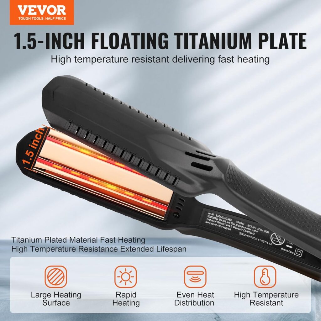 VEVOR Hair Straightener, 1.5 Inch Titanium Flat Iron Double Infrared Hair Straightener with LCD Display, 19 Temperature Levels, Fast Heating Hair Iron for Salon Home Travel VEVOR Hair Straightener, 1.5 Inch Titanium Flat Iron Double Infrared Hair Straightener with LCD Display, 19 Temperature Levels, Fast Heating Hair Iron for Salon Home Travel